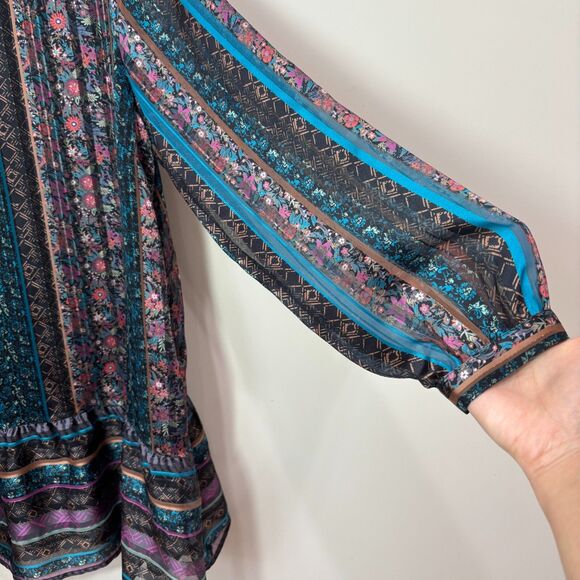 Soft Surroundings Tunic Dress L Striped Black Multi Chiffon Folksy Floral Boho - Picture 2 of 10
